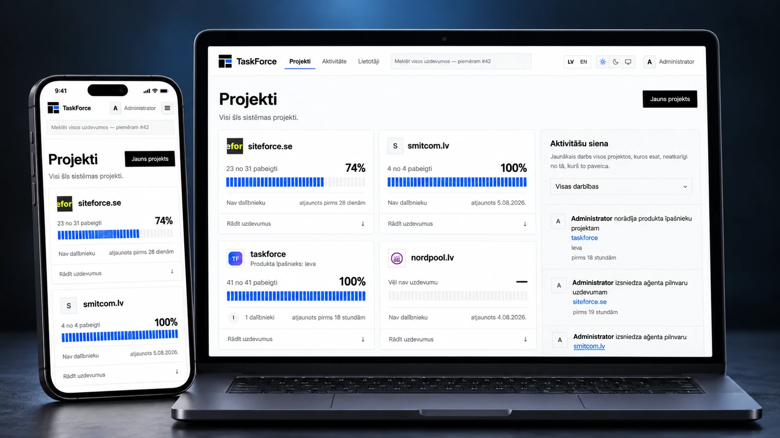 TaskForce projektu panelis latviešu valodā klēpjdatorā un tālrunī